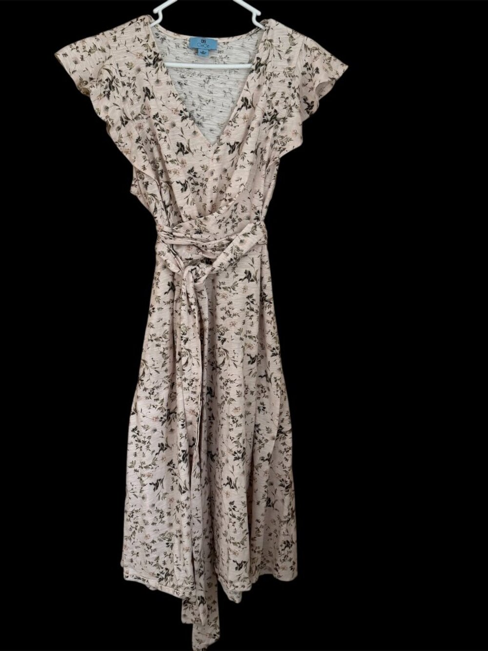 CeCe Floral Midi Dress XL Flutter Sleeve Belted Faux Wrap Boho Pink Cottagecore